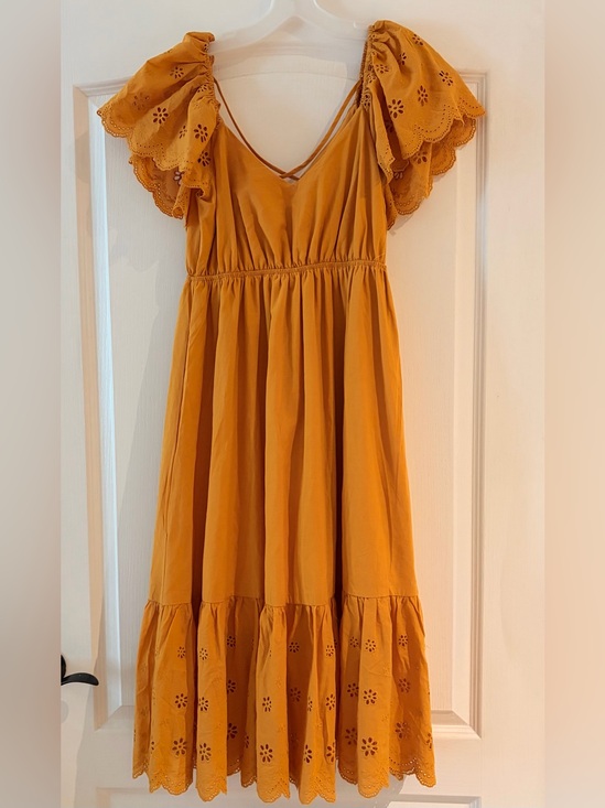 Forever 21 Dresses & Skirts - Women’s Mustard Eyelet Tiered Dress with Flutter Sleeves